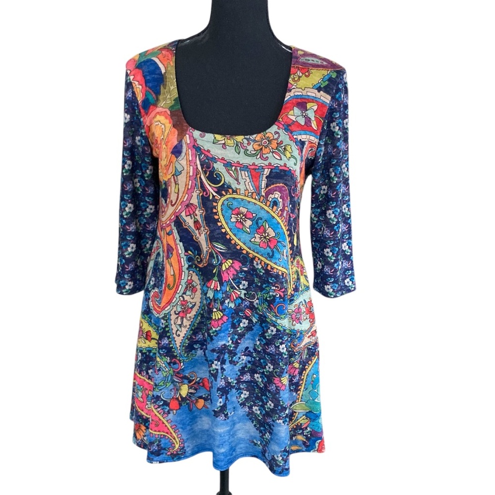 AMMA Made in LA 3/4 Sleeve Floral Print Flare  Dress Sz S 70’s Style Hippie Boho